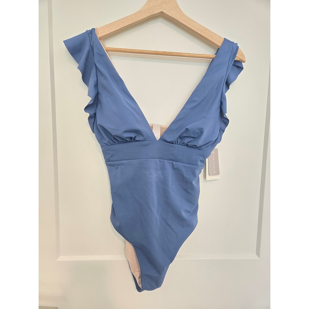 Chelsea 28 Blue Canal Ruffle V-Neck One-Piece‎ Swimsuit NWT NO433257MI Womens S